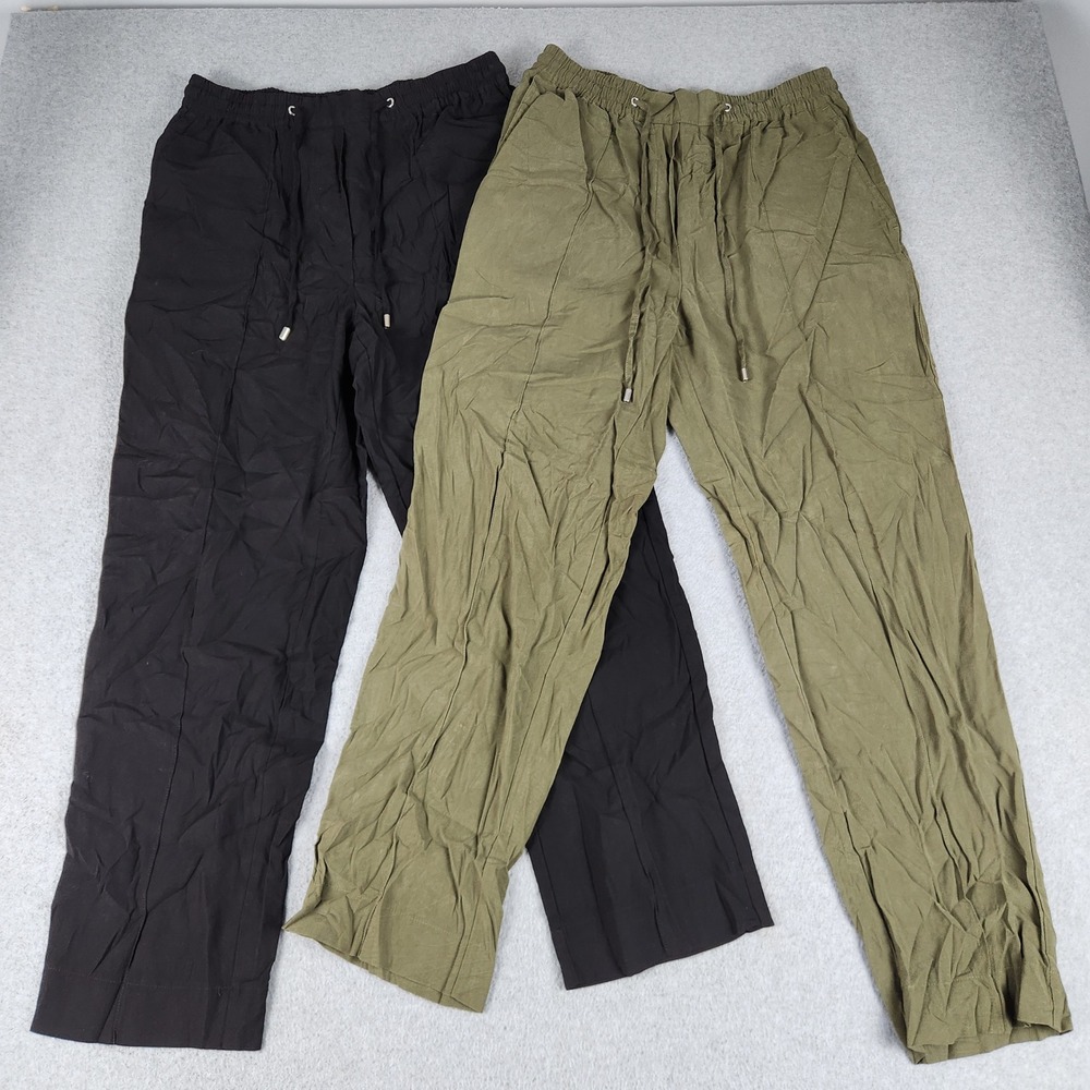 Ophelia Roe Pants Womens M Black Olive Green Straight Leg Drawstring Lot Of 2